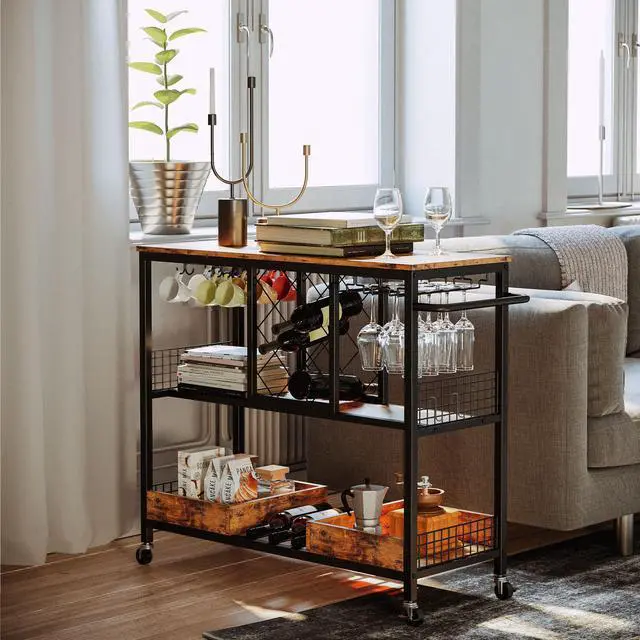 Alt view image 4 of 7 - IRONCK Wine Rack Table, Industrial Bar Cart on Wheels Kitchen Storage Cart for The Home Wood and Metal Frame, Vintage Brown