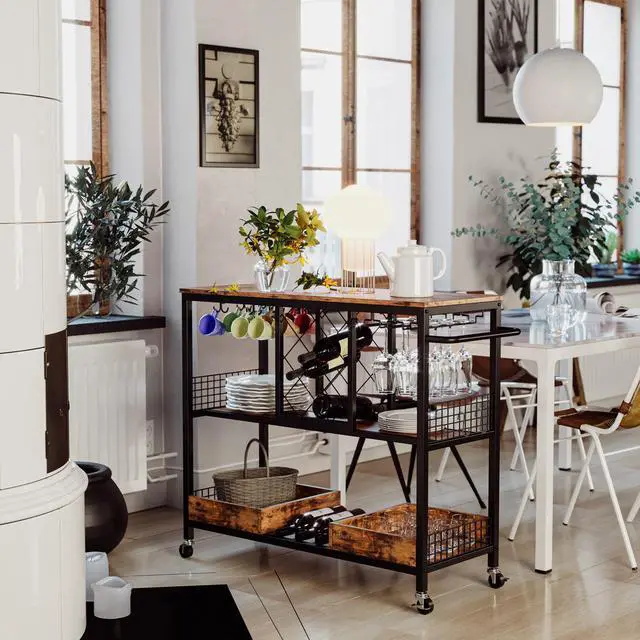 Alt view image 2 of 7 - IRONCK Wine Rack Table, Industrial Bar Cart on Wheels Kitchen Storage Cart for The Home Wood and Metal Frame, Vintage Brown
