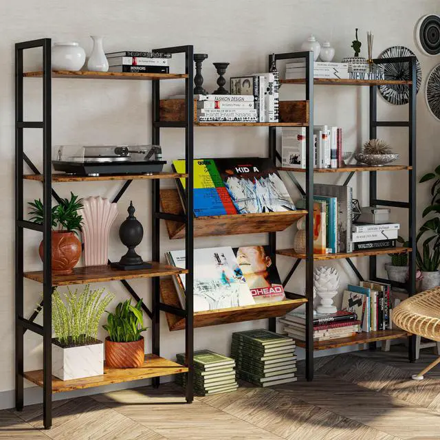 Alt view image 6 of 7 - IRONCK Bookcases and Bookshelves 4 Tiers Industrial Triple Bookshelf, Large Record Player Shleves with Metal Frame for Living Room Bedroom Home Office