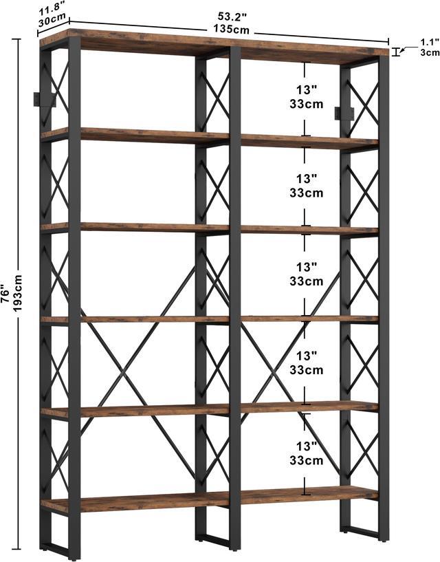 Alt view image 7 of 7 - IRONCK Bookshelf Double Wide 6-Tier 76" H, Open Large Bookcase, Industrial Style Shelves, Wood and Metal Bookshelves for Home Office, Easy Assembly