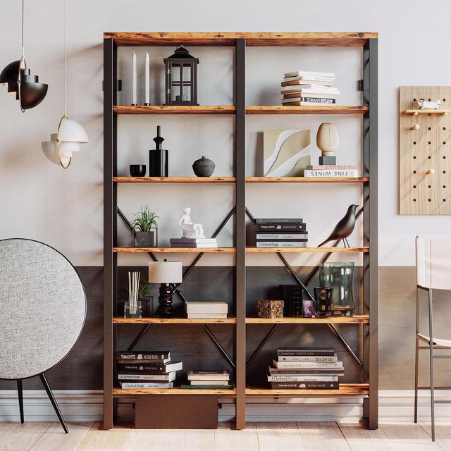 Alt view image 2 of 7 - IRONCK Bookshelf Double Wide 6-Tier 76" H, Open Large Bookcase, Industrial Style Shelves, Wood and Metal Bookshelves for Home Office, Easy Assembly