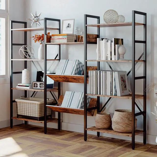 Alt view image 2 of 7 - IRONCK Bookcases and Bookshelves 4 Tiers Industrial Triple Bookshelf, Large Record Player Shleves with Metal Frame for Living Room Bedroom Home Office