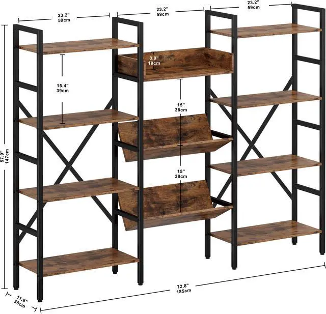 Alt view image 7 of 7 - IRONCK Bookcases and Bookshelves 4 Tiers Industrial Triple Bookshelf, Large Record Player Shleves with Metal Frame for Living Room Bedroom Home Office