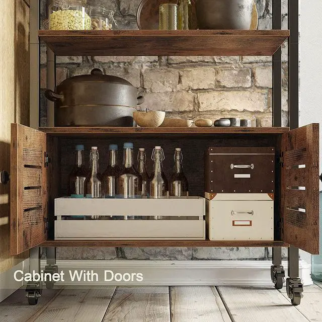 Alt view image 7 of 7 - IRONCK Industrial Bookshelf and Bookcase with 2 Louvered Doors and 4 Shelves, Standing Storage Cabinet for Living Room