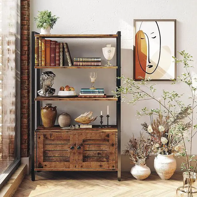Alt view image 2 of 7 - IRONCK Industrial Bookshelf and Bookcase with 2 Louvered Doors and 3 Shelves, Standing Storage Cabinet for Living Room