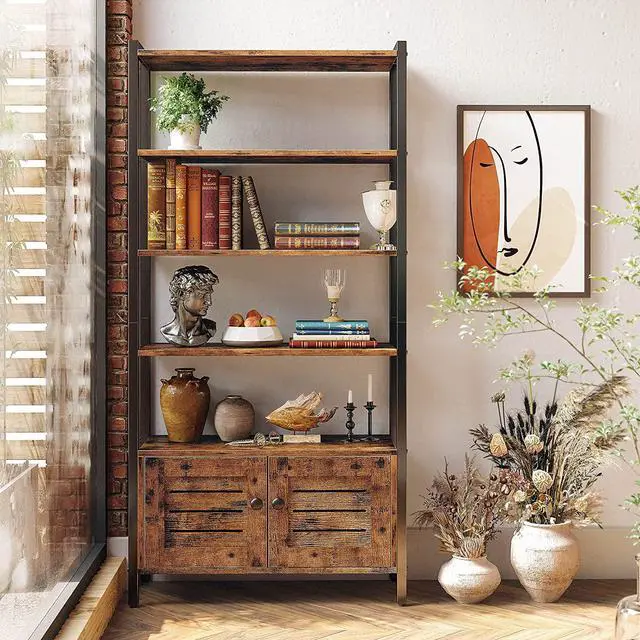 Alt view image 4 of 7 - IRONCK Industrial Bookshelf and Bookcase with 2 Louvered Doors and 4 Shelves, Standing Storage Cabinet for Living Room