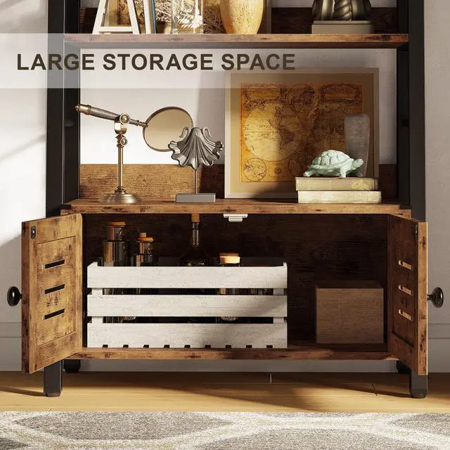 Alt view image 2 of 6 - IRONCK Bookshelf with Louvered Doors, 4-Tier Ladder Shelf with Cabinet Industrial Accent Furniture for Bedroom Living Room Home Office, Rustic Brown