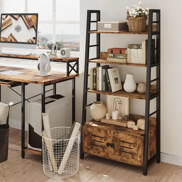 Alt view image 3 of 6 - IRONCK Bookshelf with Louvered Doors, 4-Tier Ladder Shelf with Cabinet Industrial Accent Furniture for Bedroom Living Room Home Office, Rustic Brown
