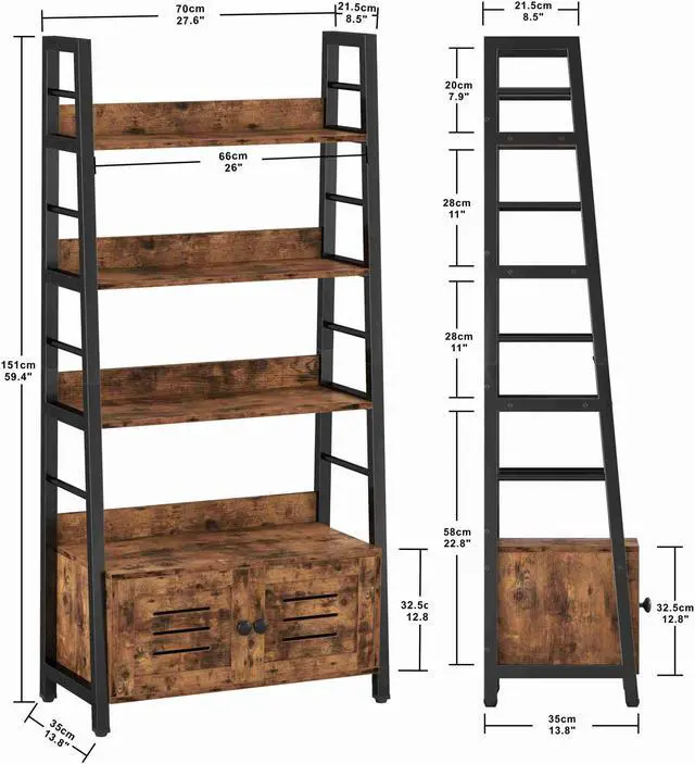 Alt view image 4 of 6 - IRONCK Bookshelf with Louvered Doors, 4-Tier Ladder Shelf with Cabinet Industrial Accent Furniture for Bedroom Living Room Home Office, Rustic Brown