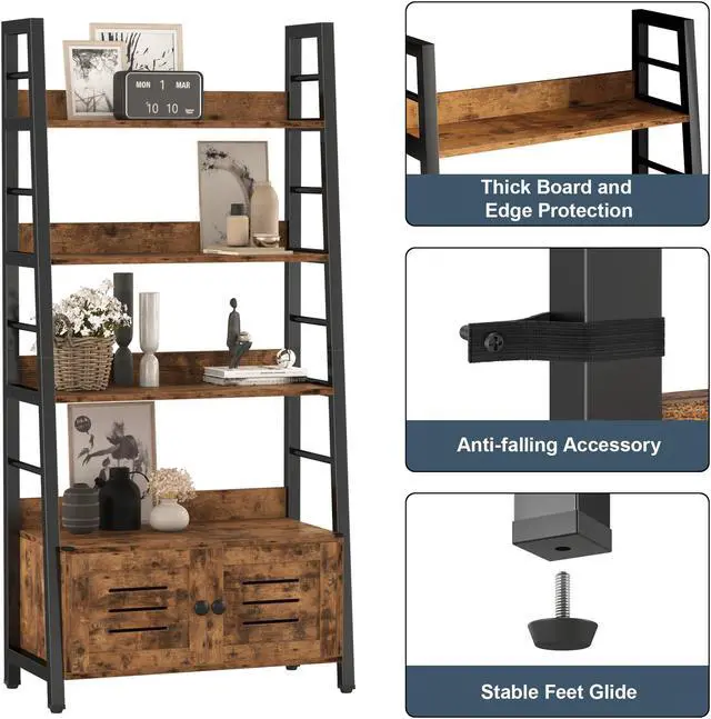 Alt view image 5 of 6 - IRONCK Bookshelf with Louvered Doors, 4-Tier Ladder Shelf with Cabinet Industrial Accent Furniture for Bedroom Living Room Home Office, Rustic Brown