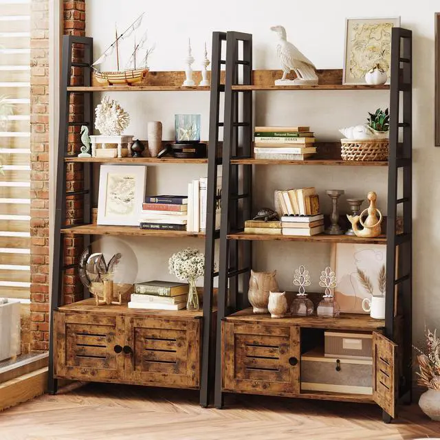 Alt view image 6 of 6 - IRONCK Bookshelf with Louvered Doors, 4-Tier Ladder Shelf with Cabinet Industrial Accent Furniture for Bedroom Living Room Home Office, Rustic Brown