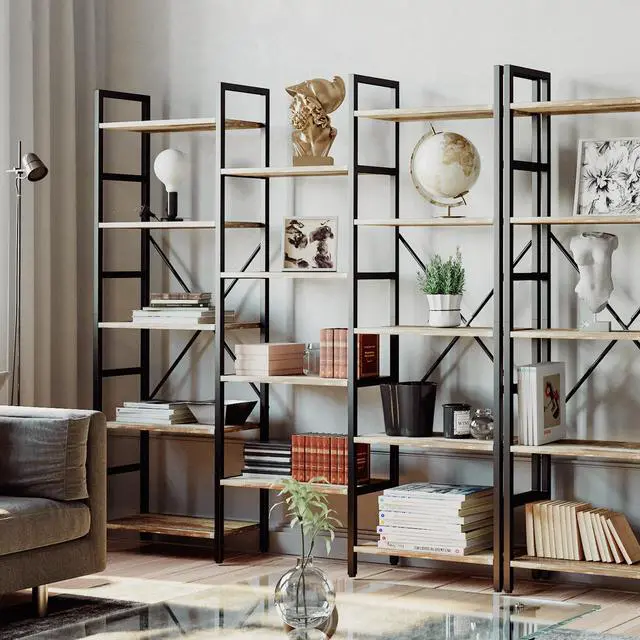 Alt view image 2 of 6 - IRONCK Bookcases and Bookshelves Triple Wide 5 Tiers Industrial Bookshelf, Large Etagere Bookshelf Open Display Shelves with Metal Frame for Living Room Bedroom Home Office