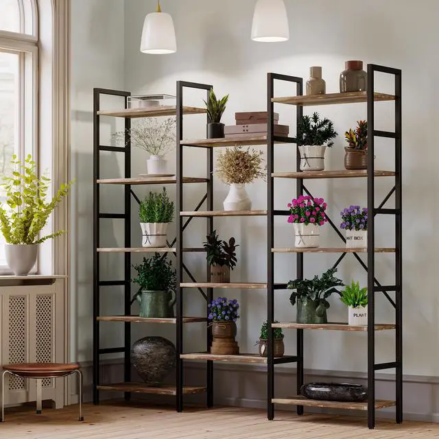 Alt view image 3 of 6 - IRONCK Bookcases and Bookshelves Triple Wide 5 Tiers Industrial Bookshelf, Large Etagere Bookshelf Open Display Shelves with Metal Frame for Living Room Bedroom Home Office