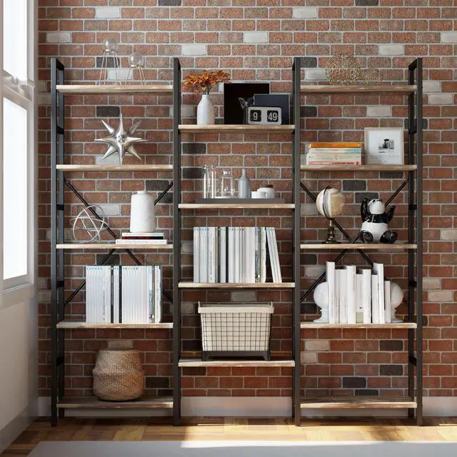 Alt view image 4 of 6 - IRONCK Bookcases and Bookshelves Triple Wide 5 Tiers Industrial Bookshelf, Large Etagere Bookshelf Open Display Shelves with Metal Frame for Living Room Bedroom Home Office
