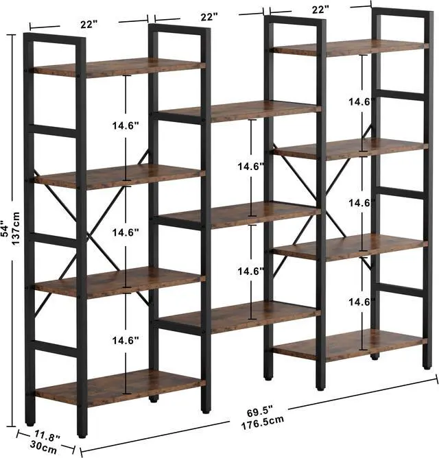Alt view image 6 of 6 - IRONCK Bookcases and Bookshelves Triple Wide 4 Tiers Industrial Bookshelf, Large Etagere Bookshelf Open Display Shelves with Metal Frame for Living Room Bedroom Home Office