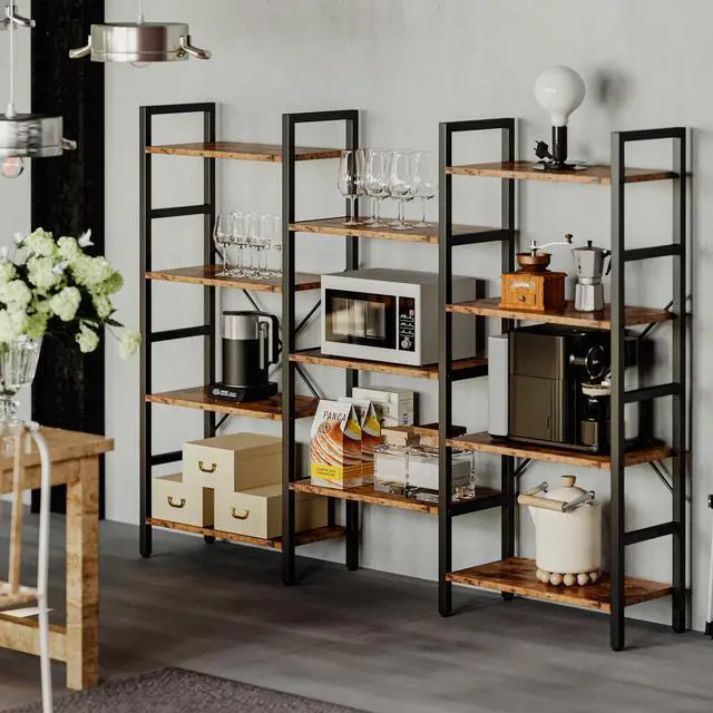 Alt view image 2 of 6 - IRONCK Bookcases and Bookshelves Triple Wide 4 Tiers Industrial Bookshelf, Large Etagere Bookshelf Open Display Shelves with Metal Frame for Living Room Bedroom Home Office