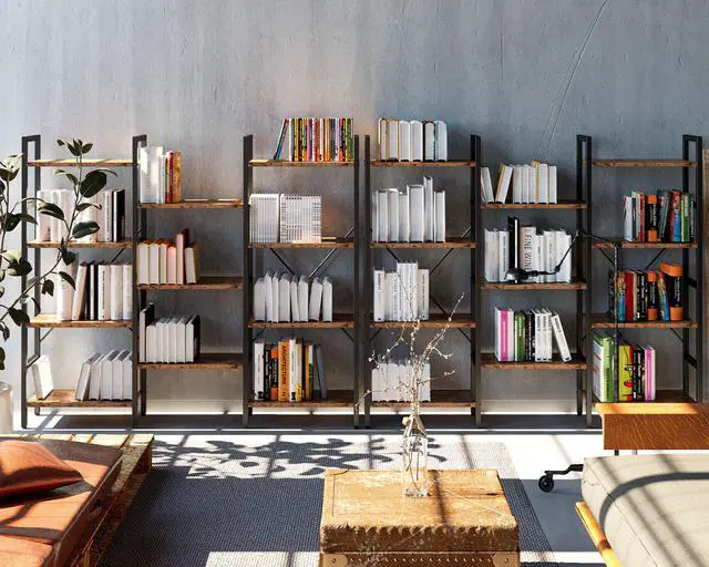 Alt view image 3 of 6 - IRONCK Bookcases and Bookshelves Triple Wide 4 Tiers Industrial Bookshelf, Large Etagere Bookshelf Open Display Shelves with Metal Frame for Living Room Bedroom Home Office