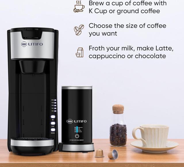 LITIFO Single Serve Coffee Maker with Milk Frother, 6 In 1 Coffee Machine  for Tea, K Cup Pods & Ground Coffee, Compact Cappuccino Machine and Latte Maker  combo (Black) 