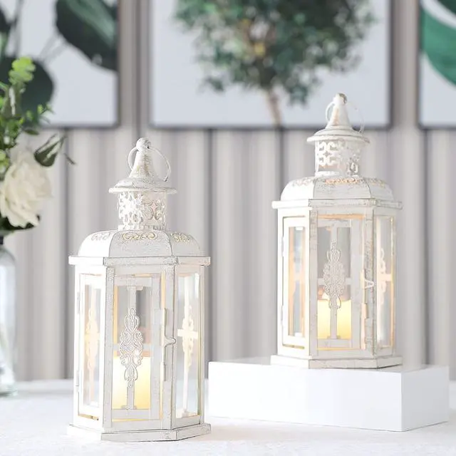 Main image of JHY DESIGN Set of 2 Decorative Lanterns -10inch High Vintage Style Hanging Lantern Metal Candleholder White with Gold Brush