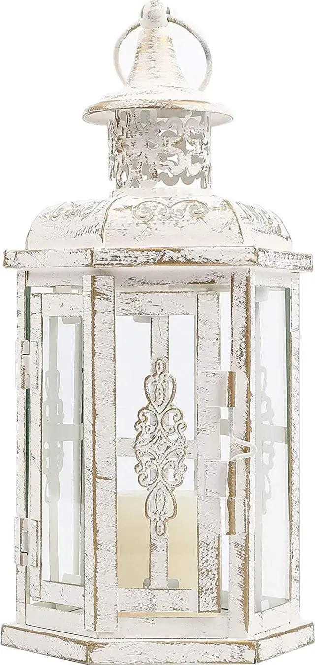 Main image of JHY DESIGN Decorative Candle lantern-10inch High Vintage Style Hanging Lantern Metal Candleholder for Indoor Outdoor Events Parities and Weddings (White with Gold Brush)