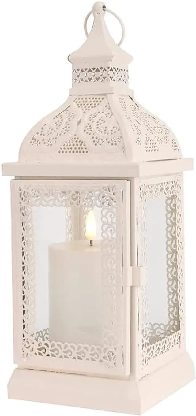 Main image of Rustic Style Metal Candle Lantern 13'' High Decorative Hanging Lantern Candle Holder with Tempered Glass Perfect for Living Room Garden Yard Patio Parties Events Indoors Outdoors (White)