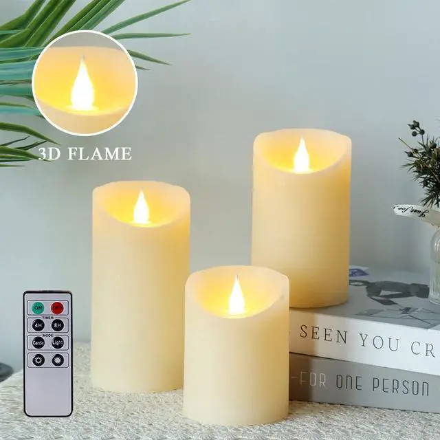 Main image of JHY DESIGN Set of 3 Real Wax Flameless Candles 3D Effect LED Candles Flickering Battery Candles with 8-Key Remote Control Timer for Home Wedding Party Kitchen(Pivoted Flame-Shaped Tip)