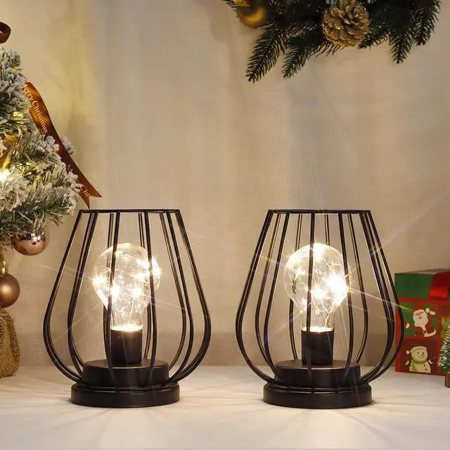 Main image of Set of 2 Metal Battery Operated Lamp 7'' Tall Mini Cage Shape Cordless Table Lamp Battery Lanterns with Warm Fairy Lights Bulb(Black)