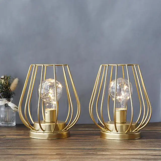 Main image of Set of 2 Metal Battery Operated Lamp 7'' Tall Mini Cage Shape Cordless Table Lamp Battery Lanterns with Warm Fairy Lights Bulb(Gold)