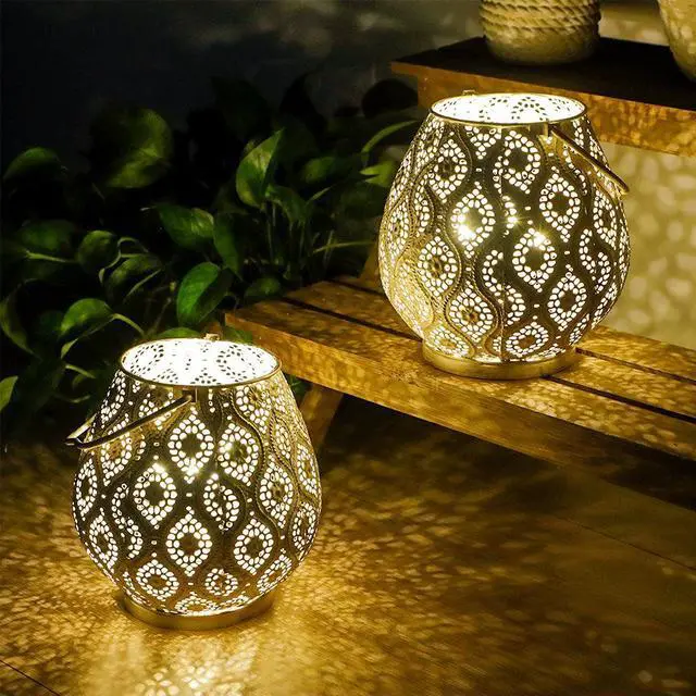 Main image of Set of 2 Moroccan Decorative Lamps 8'' High Battery Powered Cordless Lamp Metal Table Lamps with Fairy Lights Bulb