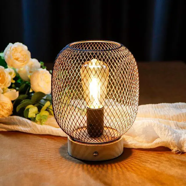 Main image of Dimmable Touch Bedside Table Lamp Metal Cage Rechargeable Battery Powered Lamp
