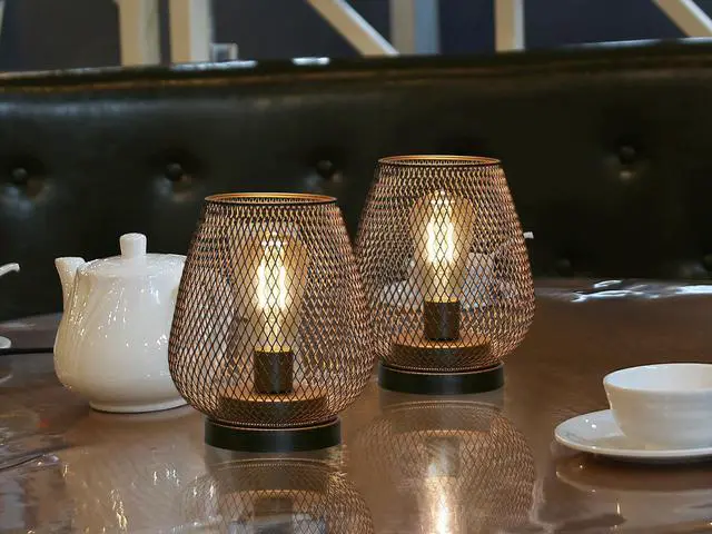 Alt view image 7 of 7 - JHY Design Set of 2 Metal Cage LED Lantern Battery Powered, Cordless Accent Light with LED. Great for Weddings,Parties,Patio, Events for Indoors Outdoors.