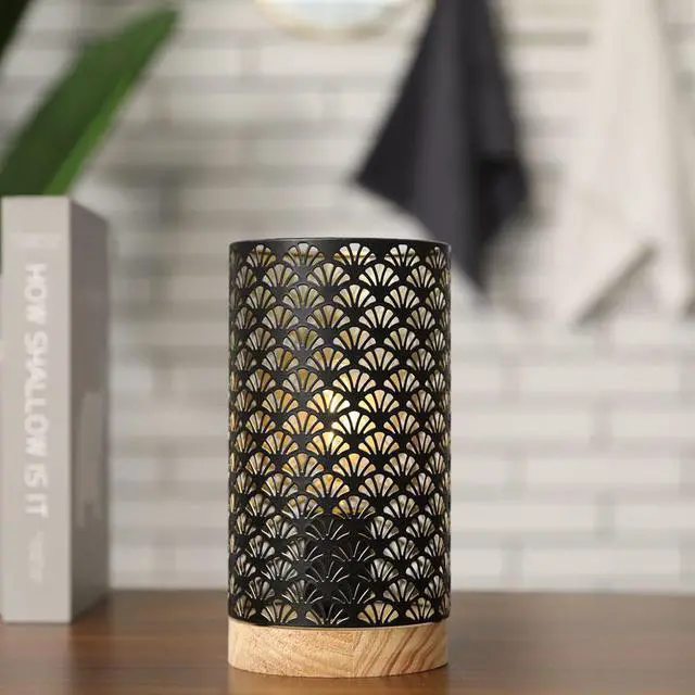 Alt view image 5 of 6 - JHY DESIGN Metal Lamp Battery Powered 9inch High Accent Cordless Lamp with LED Bulb Fanshaped Patterned Battery Lamp for Weddings Party Patio Garden Indoors Outdoors Table Balcony(with Wooden Base)