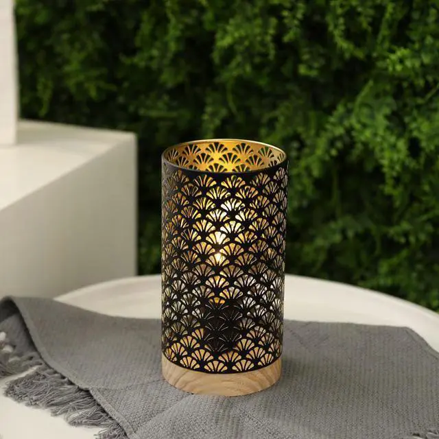 Alt view image 6 of 6 - JHY DESIGN Metal Lamp Battery Powered 9inch High Accent Cordless Lamp with LED Bulb Fanshaped Patterned Battery Lamp for Weddings Party Patio Garden Indoors Outdoors Table Balcony(with Wooden Base)