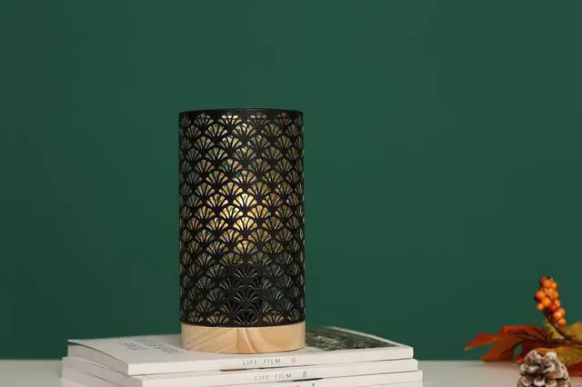 Alt view image 4 of 6 - JHY DESIGN Metal Lamp Battery Powered 9inch High Accent Cordless Lamp with LED Bulb Fanshaped Patterned Battery Lamp for Weddings Party Patio Garden Indoors Outdoors Table Balcony(with Wooden Base)