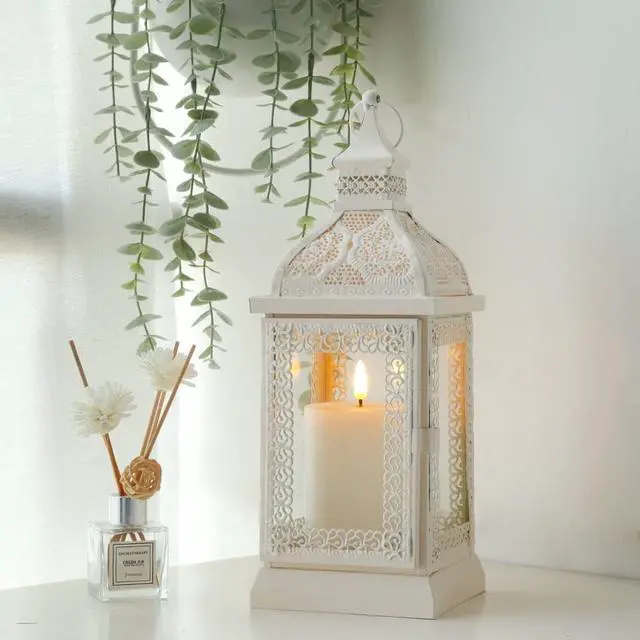 Alt view image 2 of 6 - Rustic Style Metal Candle Lantern 13'' High Decorative Hanging Lantern Candle Holder with Tempered Glass Perfect for Living Room Garden Yard Patio Parties Events Indoors Outdoors (White)