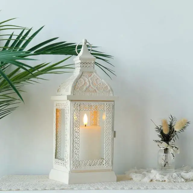 Alt view image 3 of 6 - Rustic Style Metal Candle Lantern 13'' High Decorative Hanging Lantern Candle Holder with Tempered Glass Perfect for Living Room Garden Yard Patio Parties Events Indoors Outdoors (White)