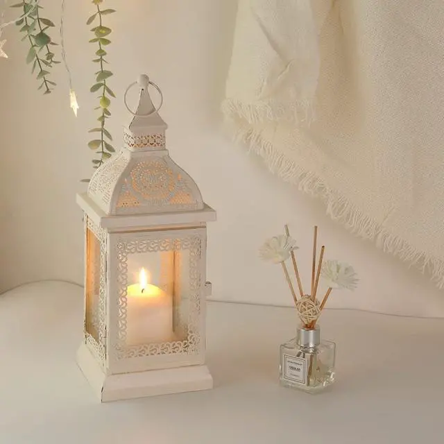 Alt view image 4 of 6 - Rustic Style Metal Candle Lantern 13'' High Decorative Hanging Lantern Candle Holder with Tempered Glass Perfect for Living Room Garden Yard Patio Parties Events Indoors Outdoors (White)
