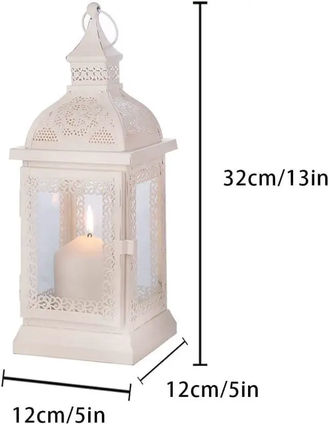 Alt view image 6 of 6 - Rustic Style Metal Candle Lantern 13'' High Decorative Hanging Lantern Candle Holder with Tempered Glass Perfect for Living Room Garden Yard Patio Parties Events Indoors Outdoors (White)