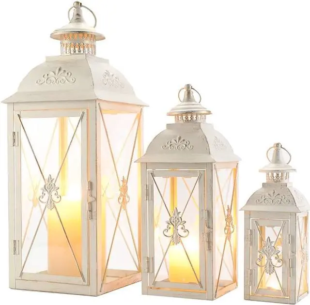 Alt view image 3 of 6 - Set of 3 Decorative Hanging Lantern 19'' High Vintage Metal Candle Holder with Tempered Glass Perfect for Living Room Garden Yard Patio Parties Events Indoors Outdoors (White with Gold Brush)