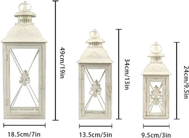 Alt view image 5 of 6 - Set of 3 Decorative Hanging Lantern 19'' High Vintage Metal Candle Holder with Tempered Glass Perfect for Living Room Garden Yard Patio Parties Events Indoors Outdoors (White with Gold Brush)