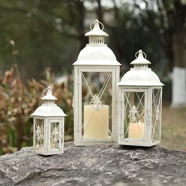 Alt view image 6 of 6 - Set of 3 Decorative Hanging Lantern 19'' High Vintage Metal Candle Holder with Tempered Glass Perfect for Living Room Garden Yard Patio Parties Events Indoors Outdoors (White with Gold Brush)