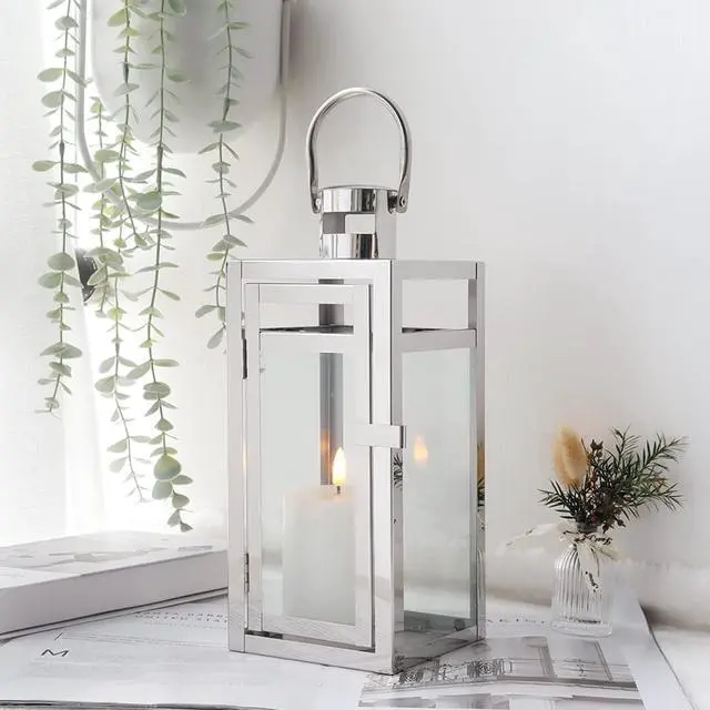 Alt view image 2 of 5 - Stainless Steel Decorative Lantern 12'' High Metal Hanging Lantern with Clear Glass Panels Perfect for Home Decor Living Room Parties Events Tabletop Indoors Outdoors (Sliver)