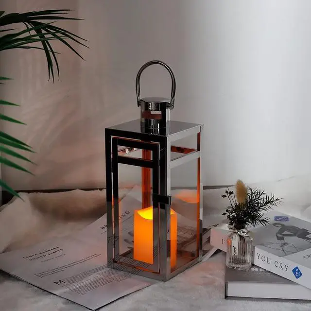 Alt view image 4 of 5 - Stainless Steel Decorative Lantern 12'' High Metal Hanging Lantern with Clear Glass Panels Perfect for Home Decor Living Room Parties Events Tabletop Indoors Outdoors (Sliver)