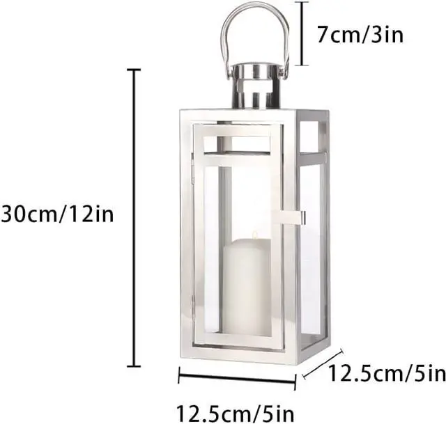 Alt view image 5 of 5 - Stainless Steel Decorative Lantern 12'' High Metal Hanging Lantern with Clear Glass Panels Perfect for Home Decor Living Room Parties Events Tabletop Indoors Outdoors (Sliver)