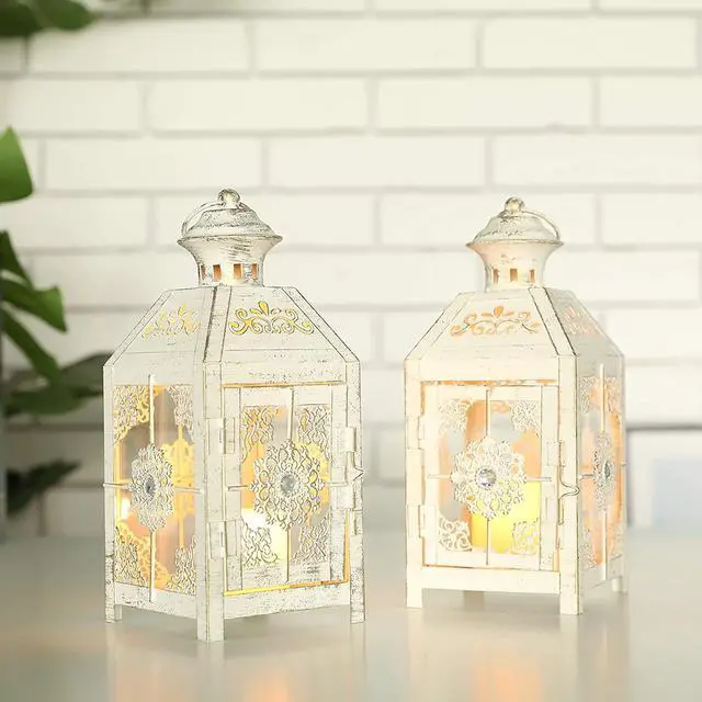 Alt view image 2 of 5 - JHY DESIGN Set of 2 Decorative Candle Lantern 9.5" High Metal Candle Lantern Vintage Style Hanging Lantern for Wedding Parties Indoor Outdoor(White with Gold Brush)
