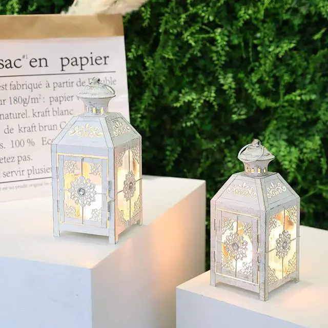 Alt view image 4 of 5 - JHY DESIGN Set of 2 Decorative Candle Lantern 9.5" High Metal Candle Lantern Vintage Style Hanging Lantern for Wedding Parties Indoor Outdoor(White with Gold Brush)