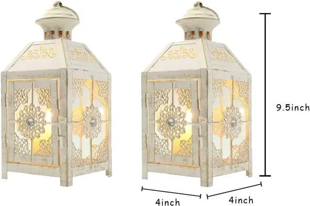 Alt view image 5 of 5 - JHY DESIGN Set of 2 Decorative Candle Lantern 9.5" High Metal Candle Lantern Vintage Style Hanging Lantern for Wedding Parties Indoor Outdoor(White with Gold Brush)