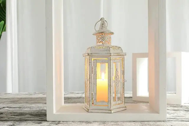 Alt view image 2 of 5 - JHY DESIGN Decorative Candle lantern-10inch High Vintage Style Hanging Lantern Metal Candleholder for Indoor Outdoor Events Parities and Weddings (White with Gold Brush)