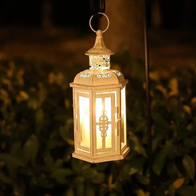 Alt view image 3 of 5 - JHY DESIGN Decorative Candle lantern-10inch High Vintage Style Hanging Lantern Metal Candleholder for Indoor Outdoor Events Parities and Weddings (White with Gold Brush)