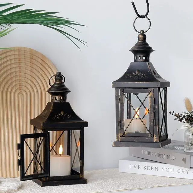 Alt view image 3 of 5 - Set of 2 Decorative Candle Lantern 11'' High Metal Candle Holder Hanging Lantern Perfect for Home Decor Halloween Living Room Parties Events Tabletop Indoors Outdoors (Black with Gold Brush)